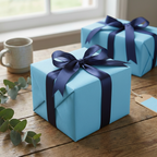 Light blue gift wrapping paper on square box, tied with navy satin ribbon bow.