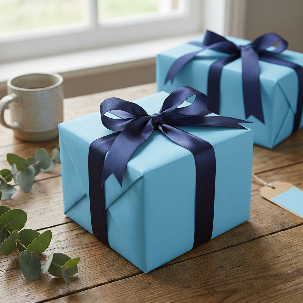 Light blue gift wrapping paper on square box, tied with navy satin ribbon bow.