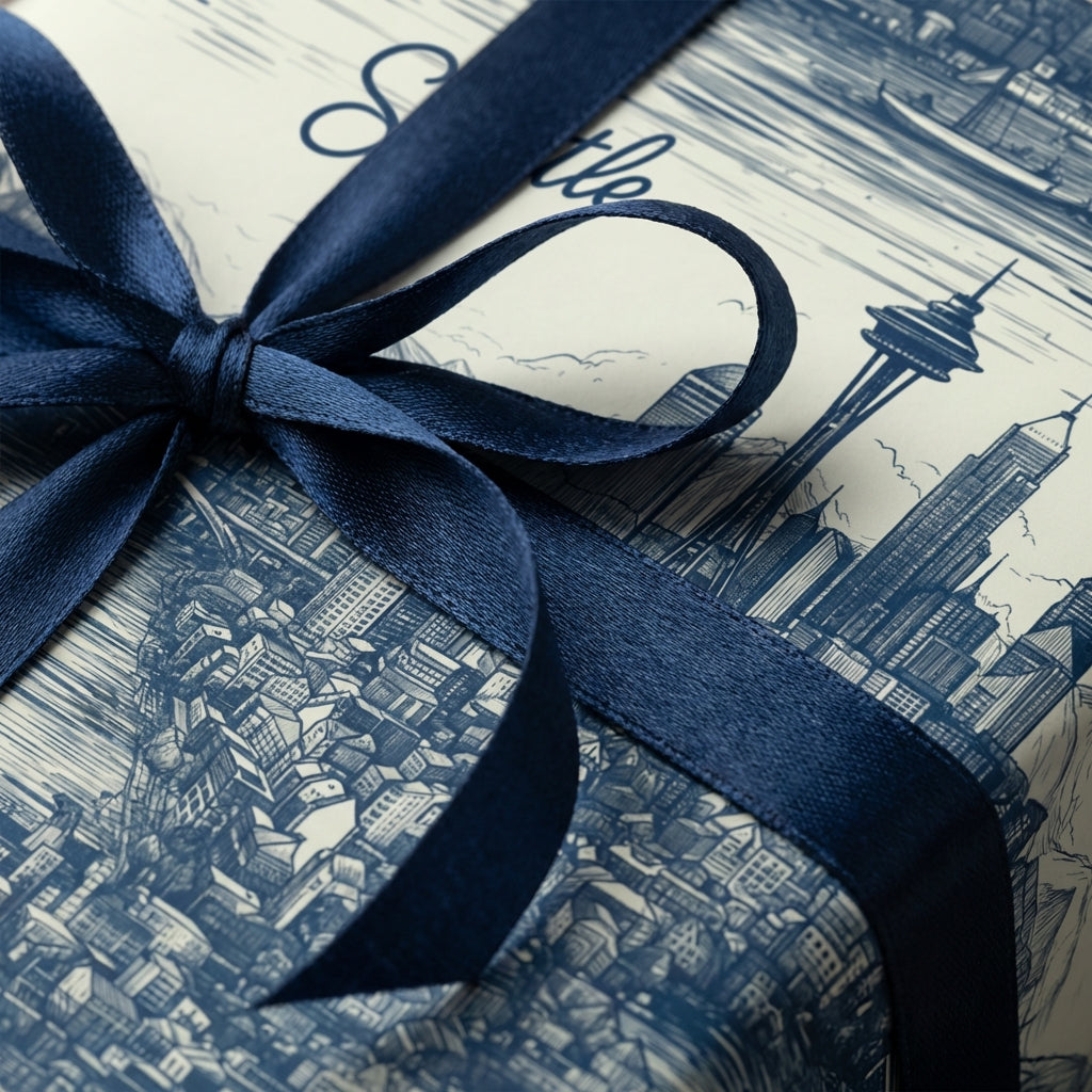 Seattle theme wrapping paper with navy blue ribbon; cityscape gift wrap.