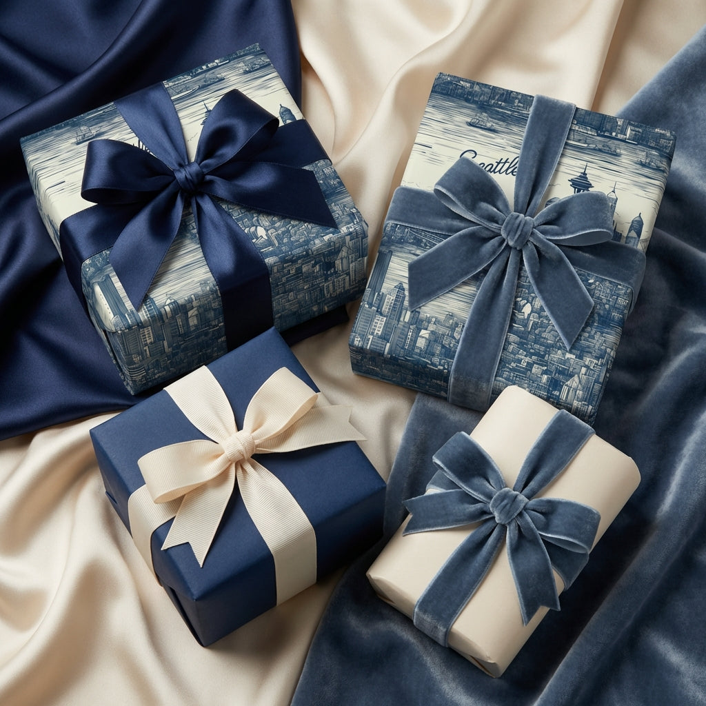 Elegant luxury gift wrap with navy and cream satin ribbons and blue velvet bows, featuring a cityscape pattern.