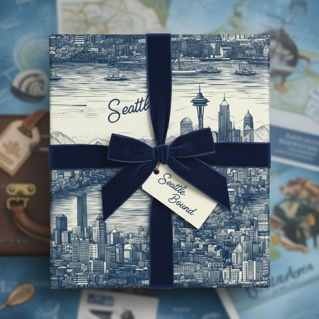 Square gift wrapped in Seattle-themed wrapping paper with navy velvet ribbon and a "Seattle Bound" gift tag.