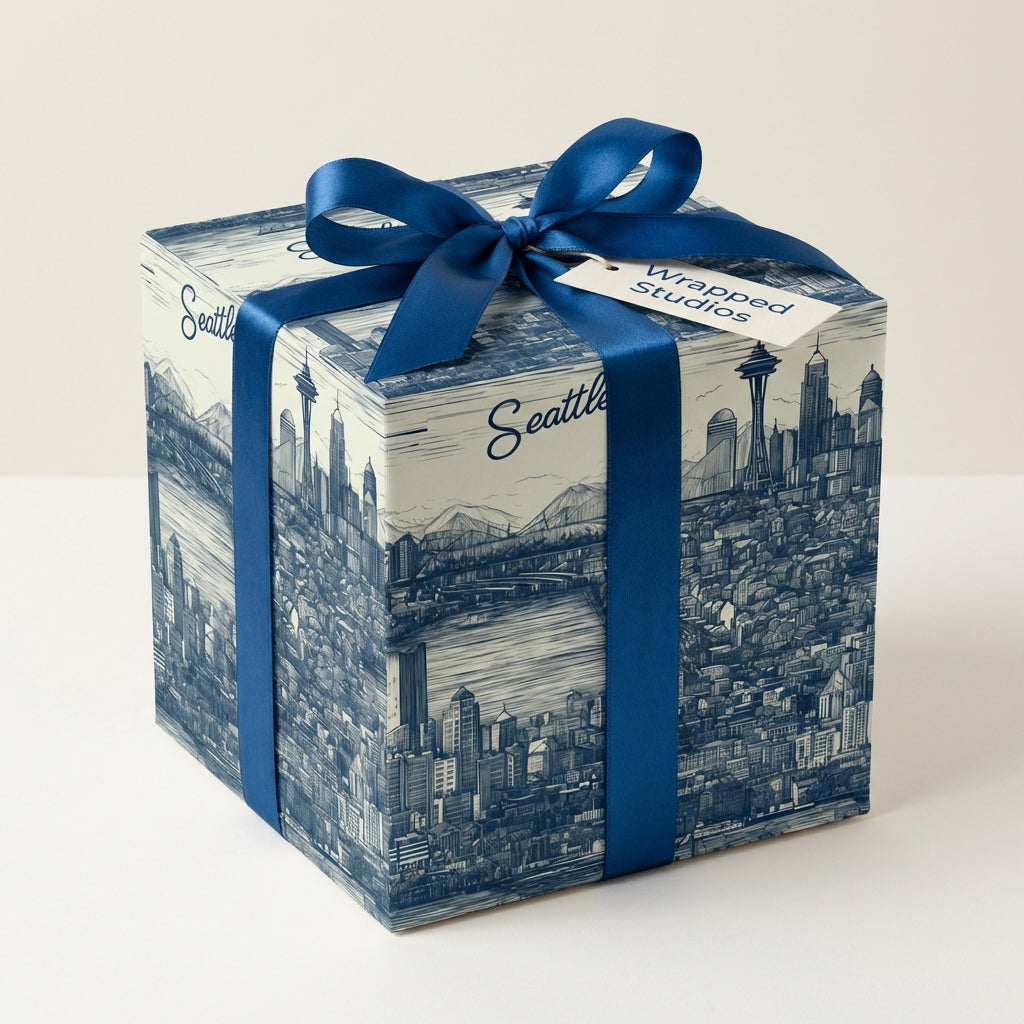 Gift wrapped in blue Seattle-themed wrapping paper with a satin ribbon bow.