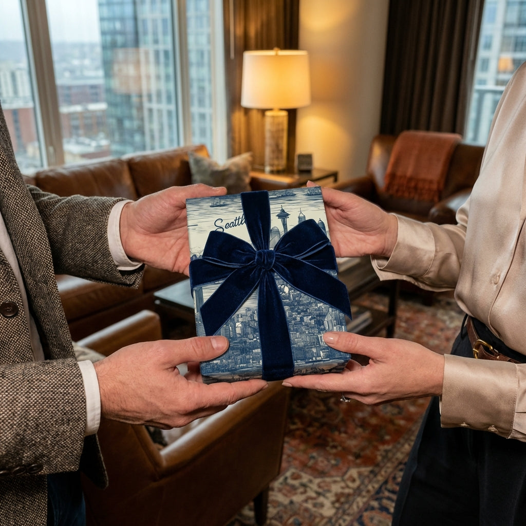 Hands exchanging a gift wrapped in Seattle skyline wrapping paper with a navy velvet ribbon.