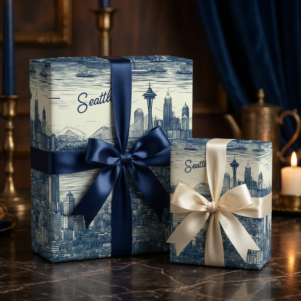 Stylish Seattle themed gift wrap featuring blue cityscape print and elegant satin ribbons.