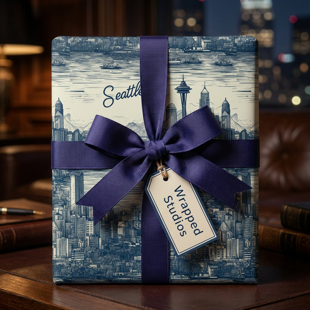 Elegant Seattle skyline wrapping paper with a navy ribbon bow on a square gift box.