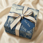 Seattle skyline gift wrapped in blue and cream wrapping paper with matching ribbon and "For You" tag.