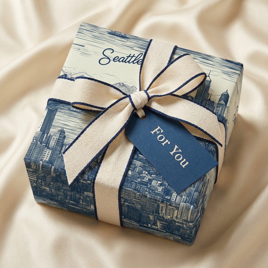 Seattle skyline gift wrapped in blue and cream wrapping paper with matching ribbon and "For You" tag.