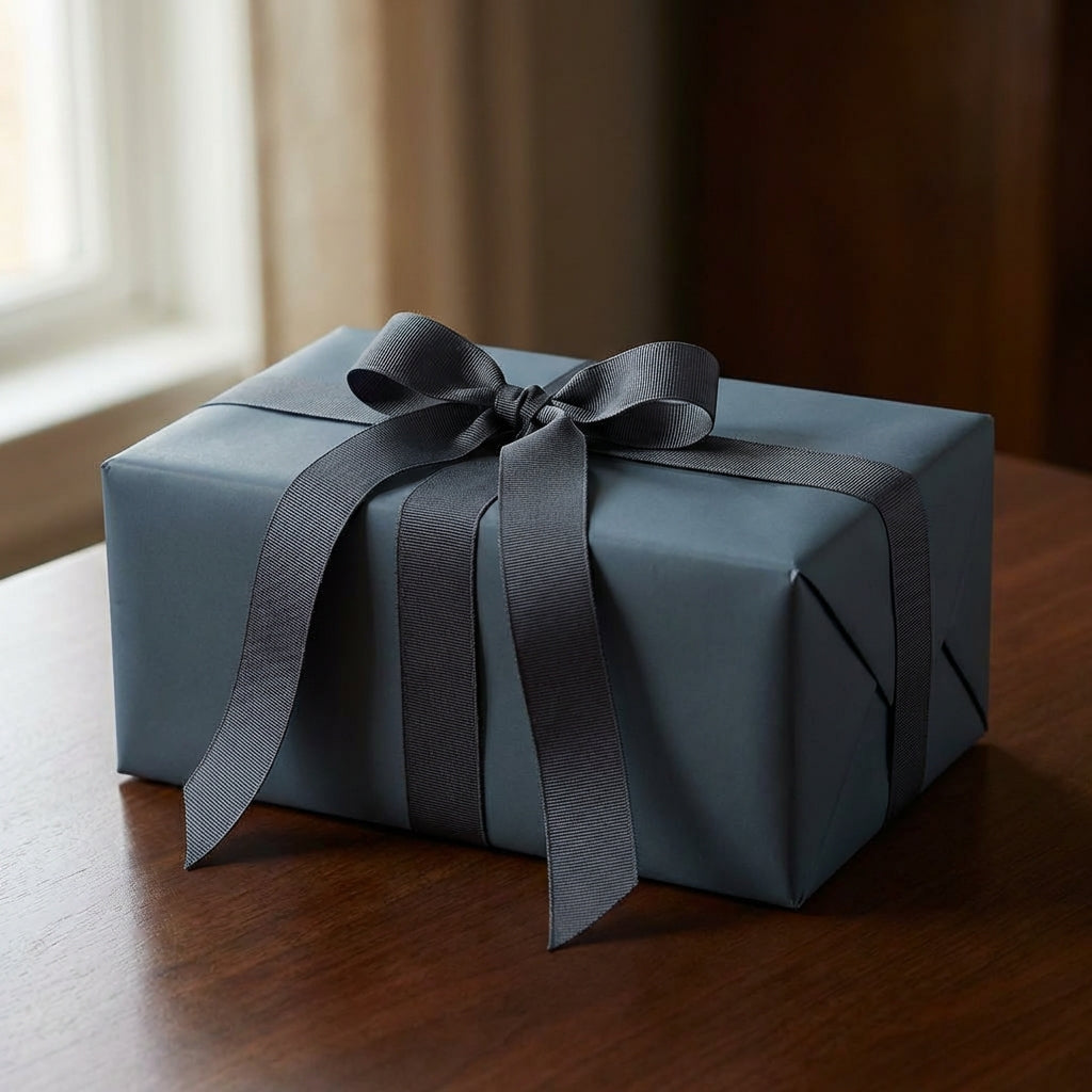slate grey gift box with a black ribbon on a wooden surface