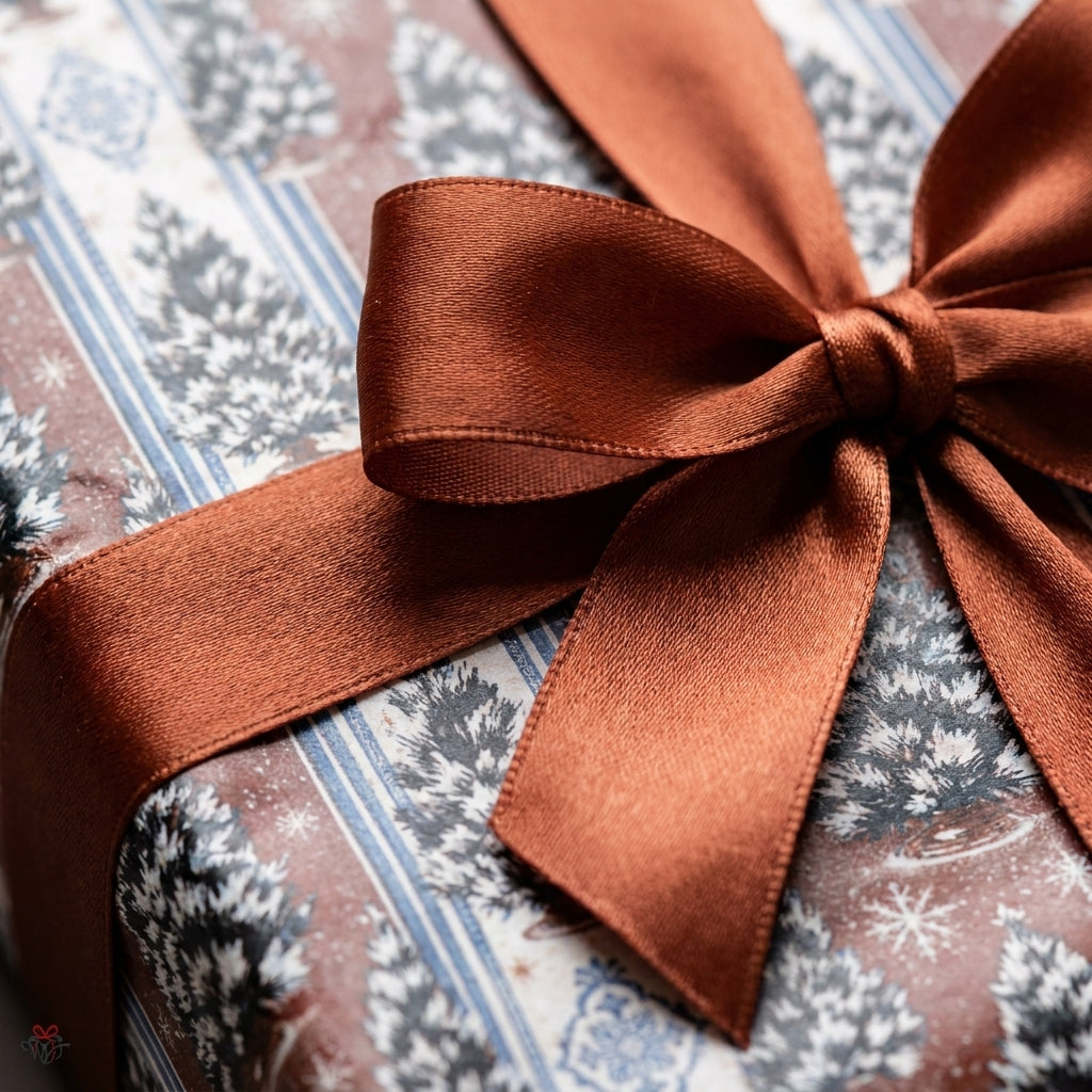 Rustic Christmas wrapping paper with winter trees and a copper satin bow by Wrapped Studios.
