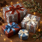 Luxury Christmas wrapping paper with pine tree patterns and velvet bows on gifts by Wrapped Studios.