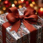 Vintage Christmas wrapping paper with a pine tree print and elegant red bow by Wrapped Studios.