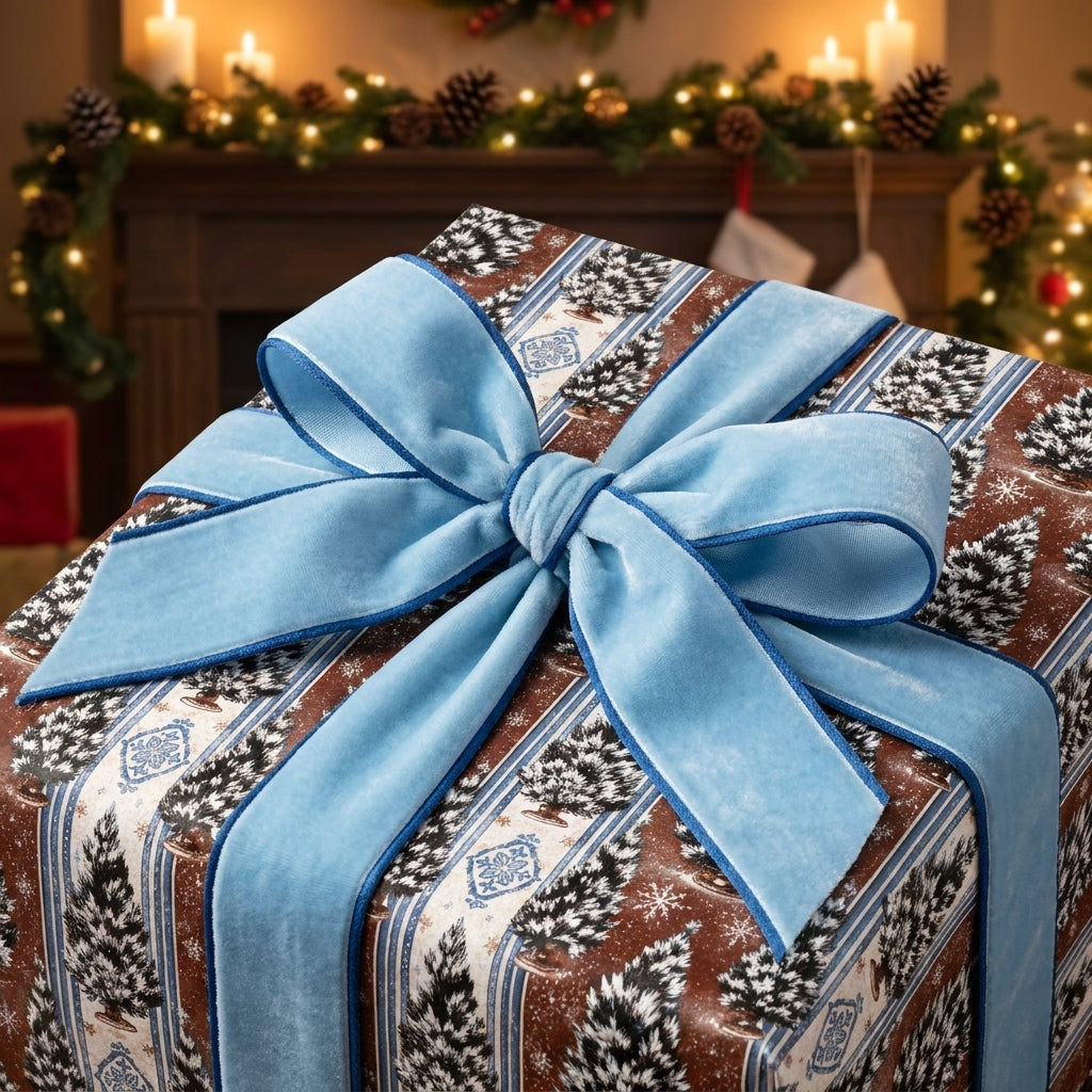 Luxury Christmas gift wrap with a light blue velvet bow and holiday tree pattern by Wrapped Studios.