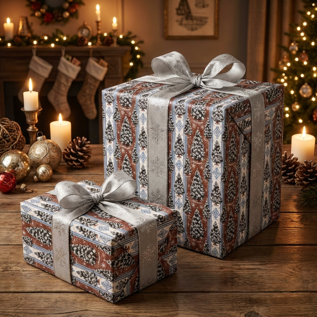 Luxury Christmas wrapping paper with a vintage tree pattern and silver ribbon by Wrapped Studios.