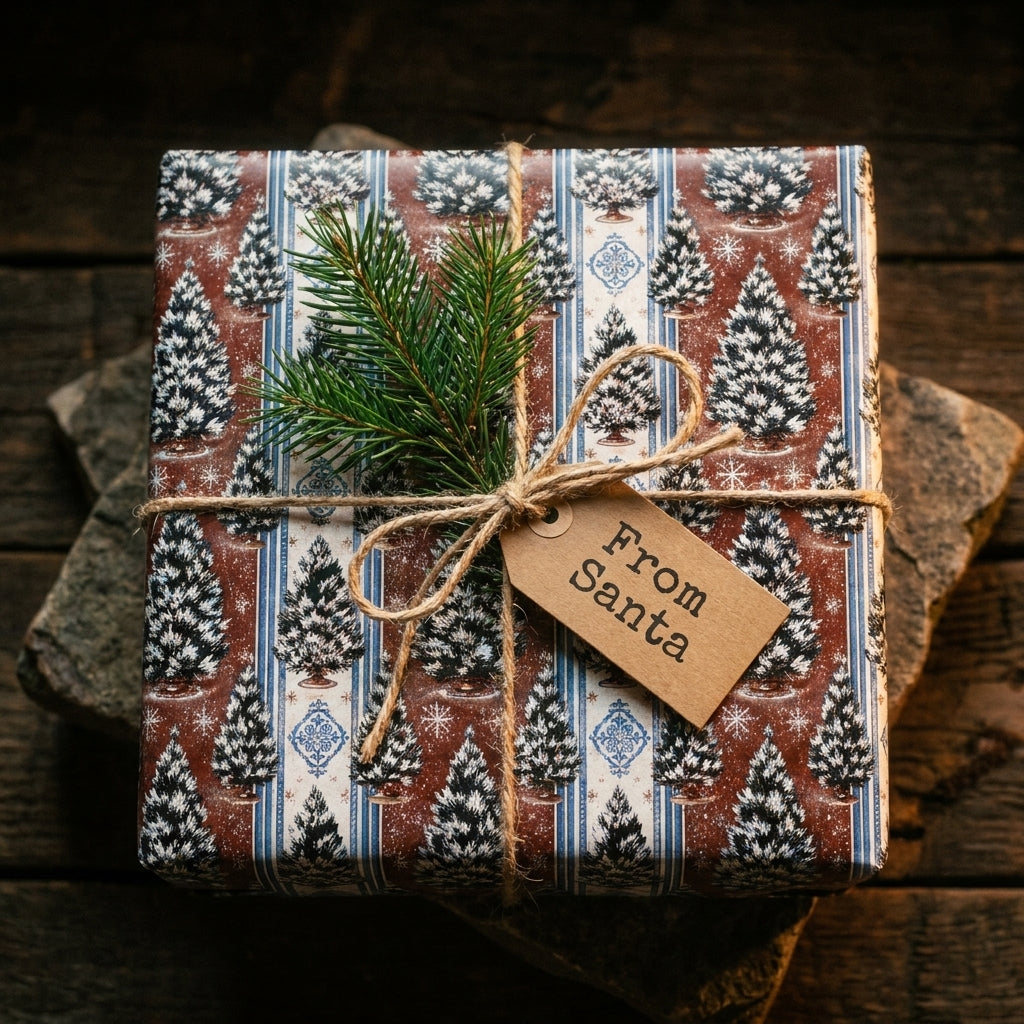 Rustic Christmas gift wrap with vintage tree pattern and From Santa tag by Wrapped Studios.