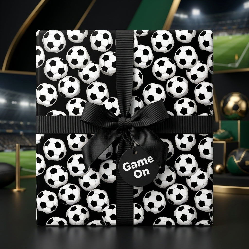 Soccer wrapping paper on a gift box with a black ribbon bow and tag by Wrapped Studios.