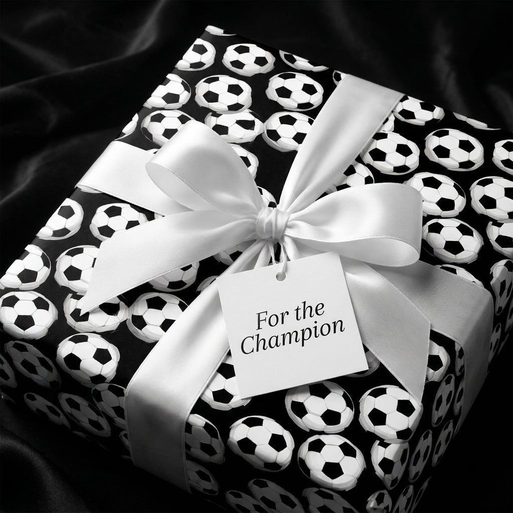 Soccer ball wrapping paper with a white satin bow and champion gift tag by Wrapped Studios.