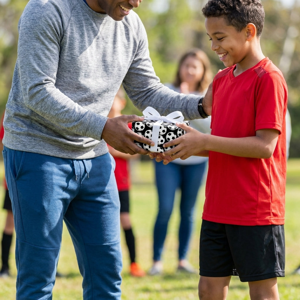 Soccer wrapping paper by Wrapped Studios on a gift box with a white bow given to a young soccer player.