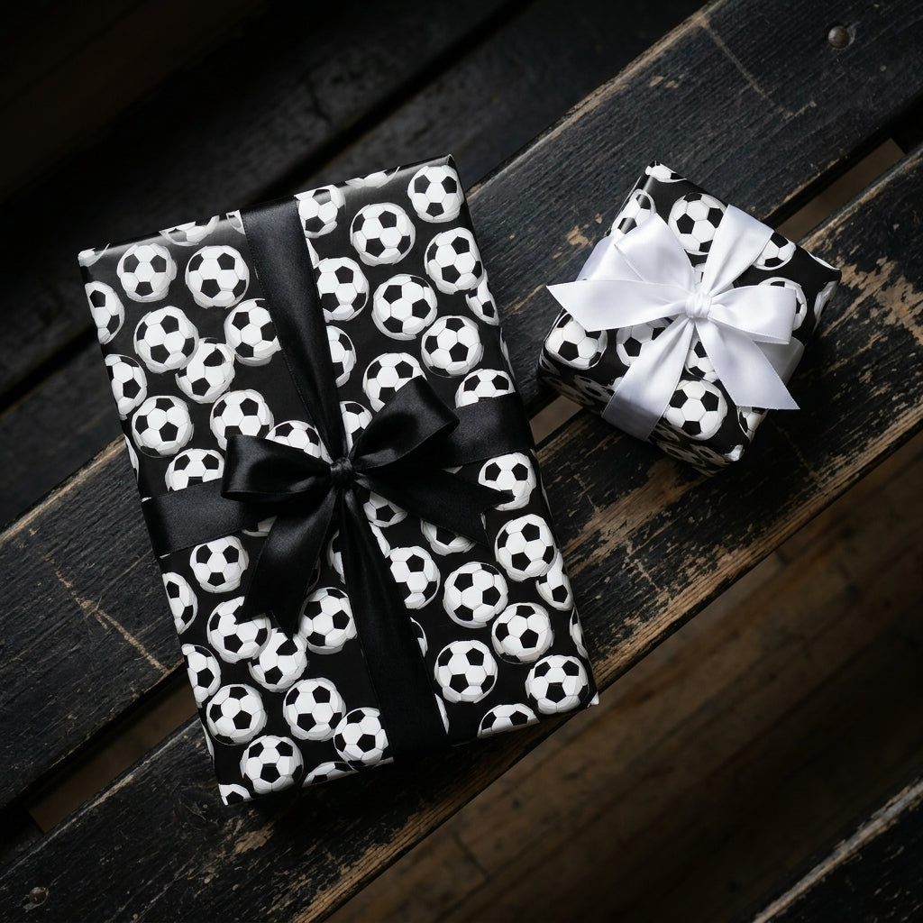 Soccer wrapping paper on sports gift boxes with black and white satin bows by Wrapped Studios.