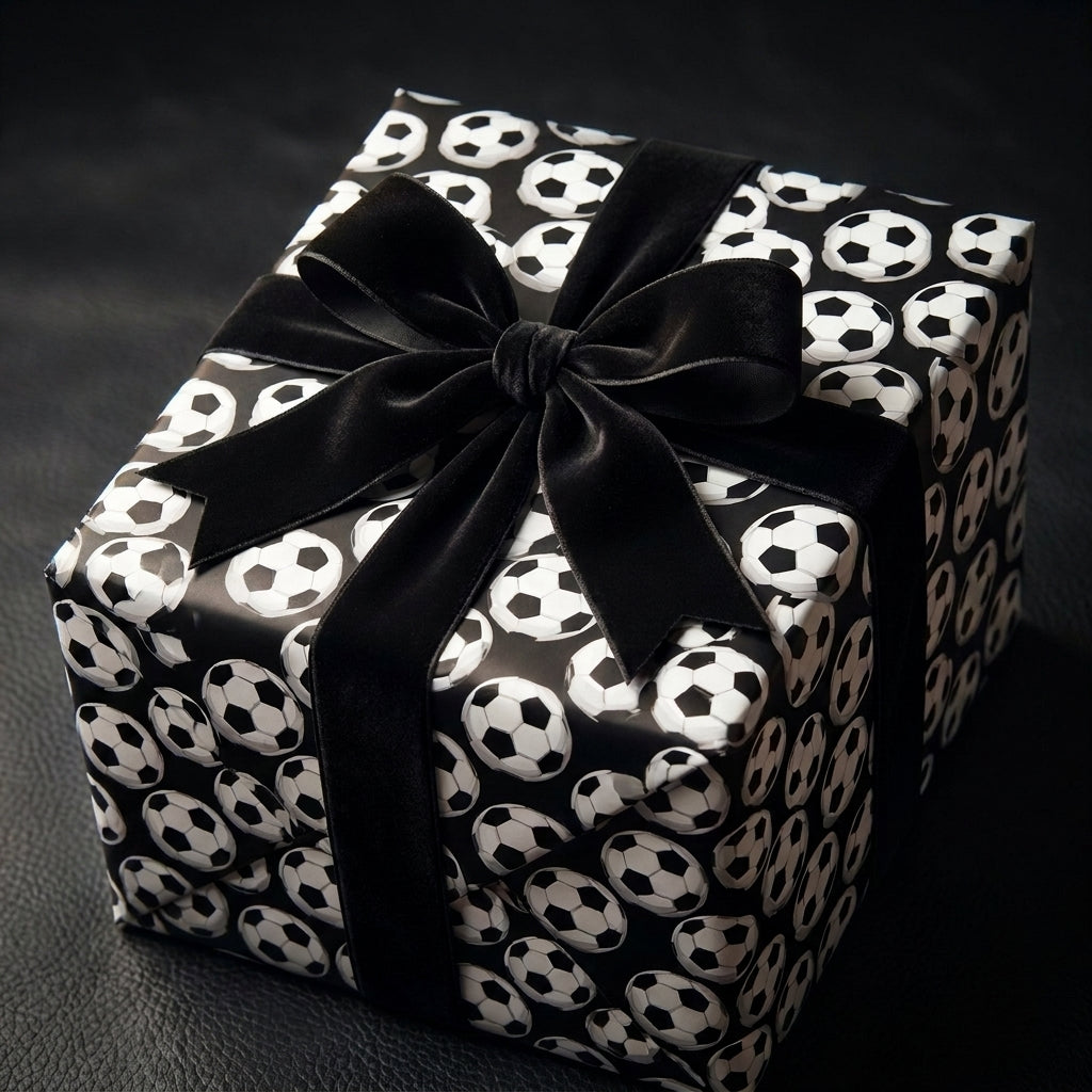 Soccer wrapping paper with a luxury black velvet bow on a birthday gift box by Wrapped Studios.