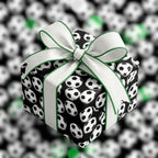 Soccer ball wrapping paper with a white and green ribbon bow by Wrapped Studios, perfect for sports gifts.