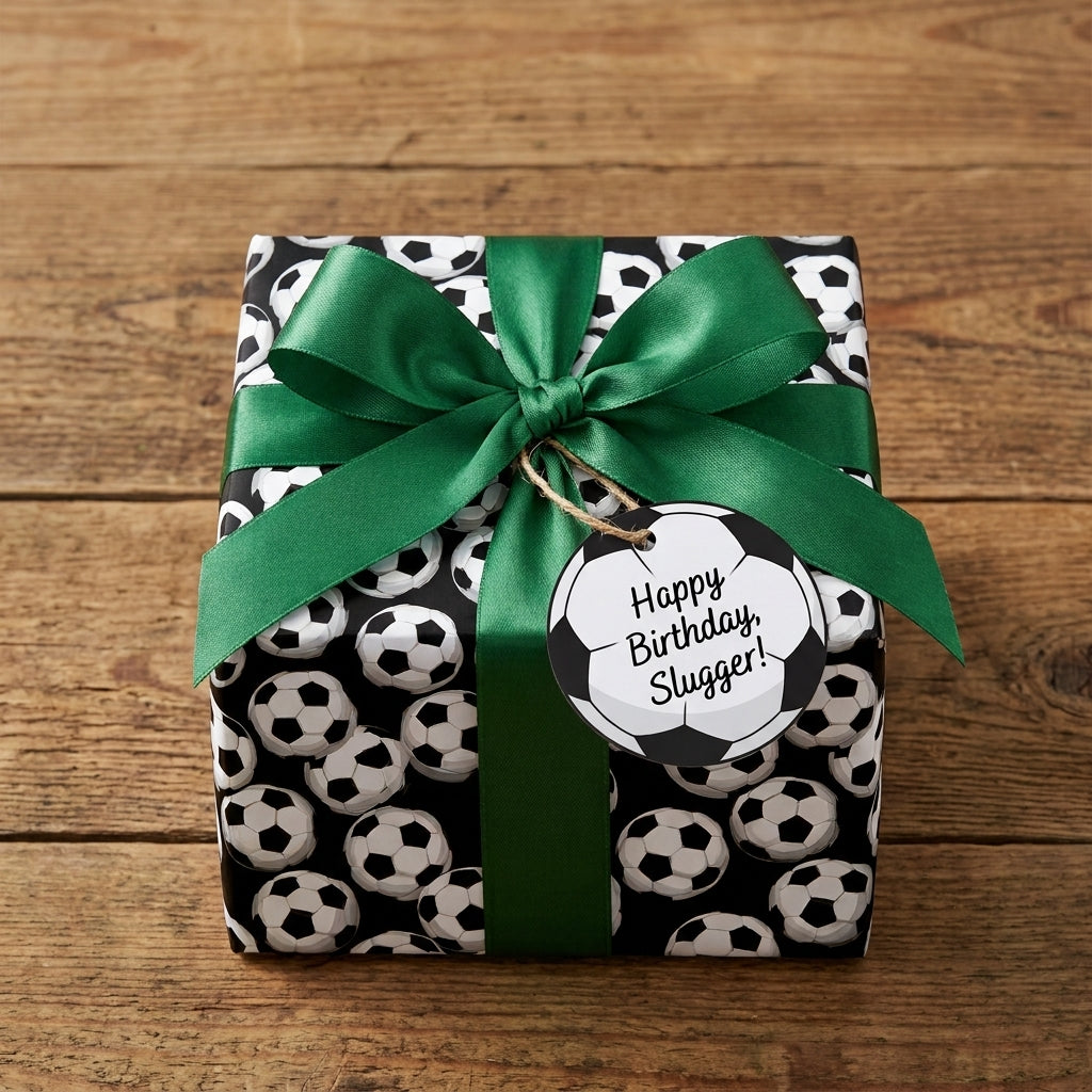 Soccer ball wrapping paper with a green satin bow on a birthday gift by Wrapped Studios.