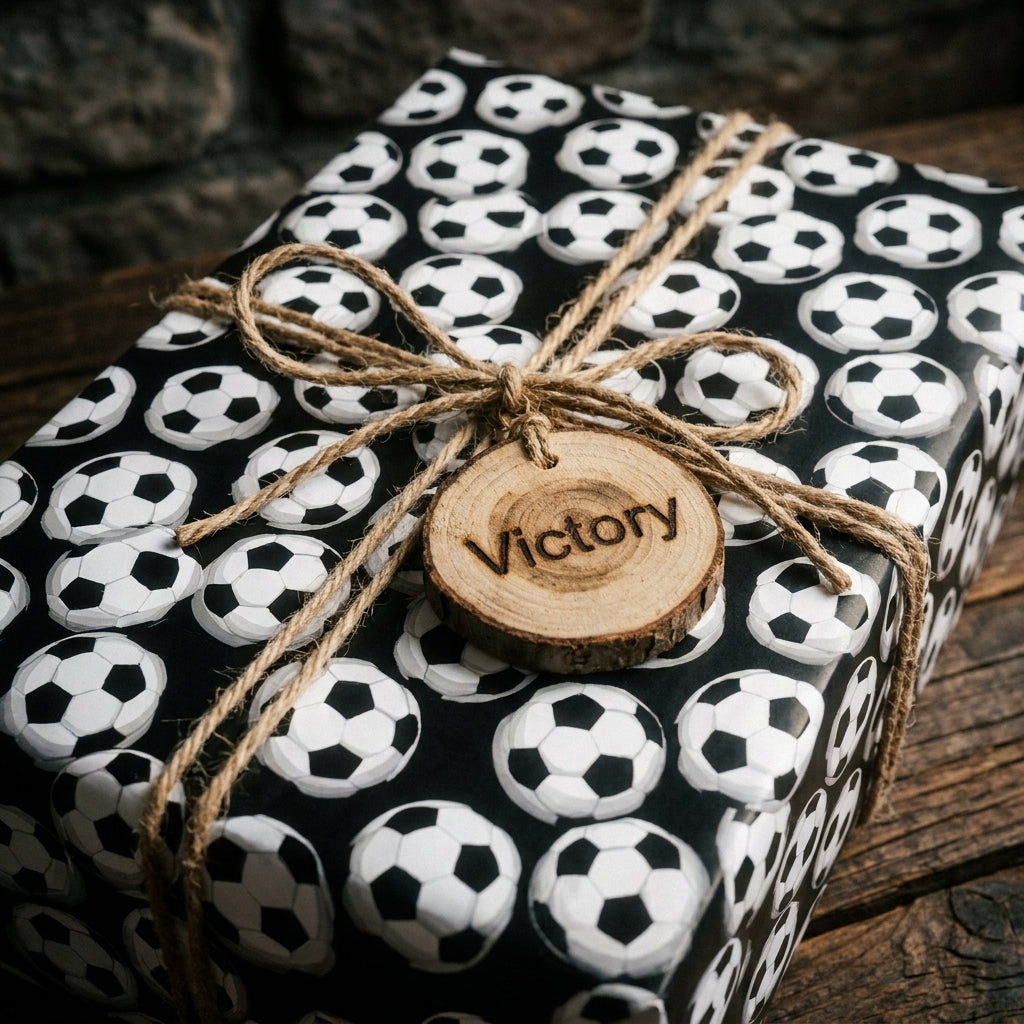 Black and white soccer wrapping paper by Wrapped Studios on a gift tied with a twine bow and wood tag.