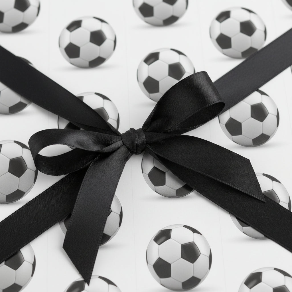 Gift wrapped in soccer ball paper with a black satin ribbon from Wrapped Studios.