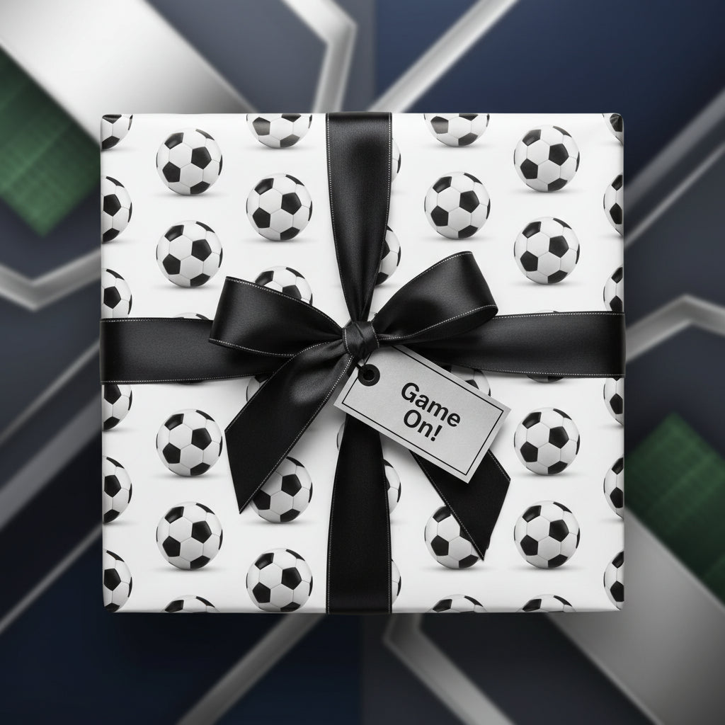 Soccer ball wrapping paper with black satin bow. "Game On!" gift tag.