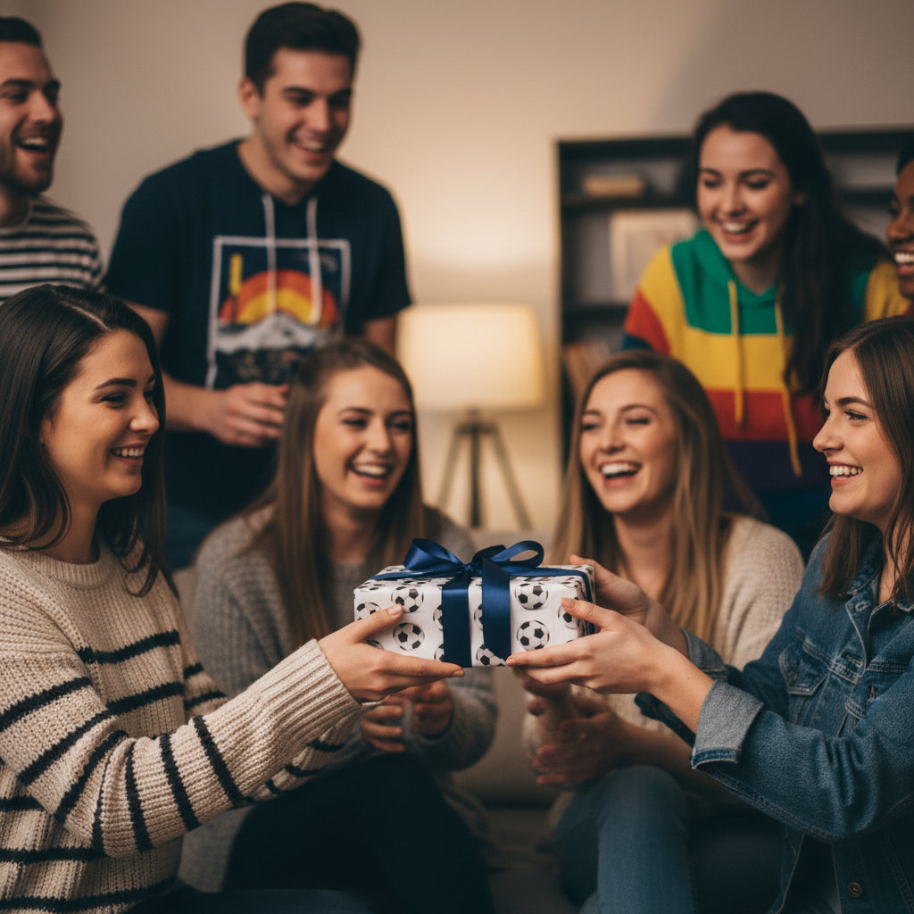 Friends exchanging a gift wrapped in Wrapped Studios soccer ball wrapping paper with a navy ribbon.