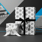 Gifts in fun soccer ball wrapping paper with black and white ribbons.
