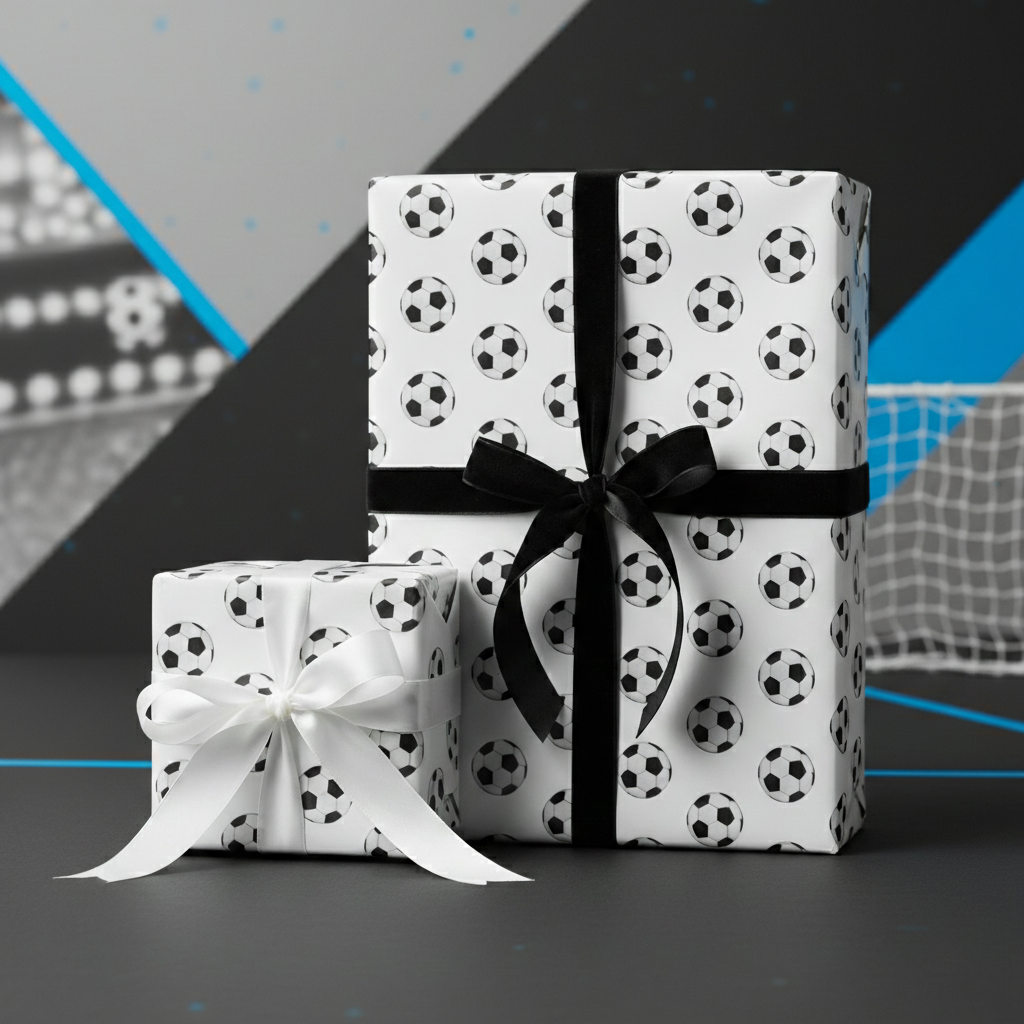 Gifts in fun soccer ball wrapping paper with black and white ribbons.