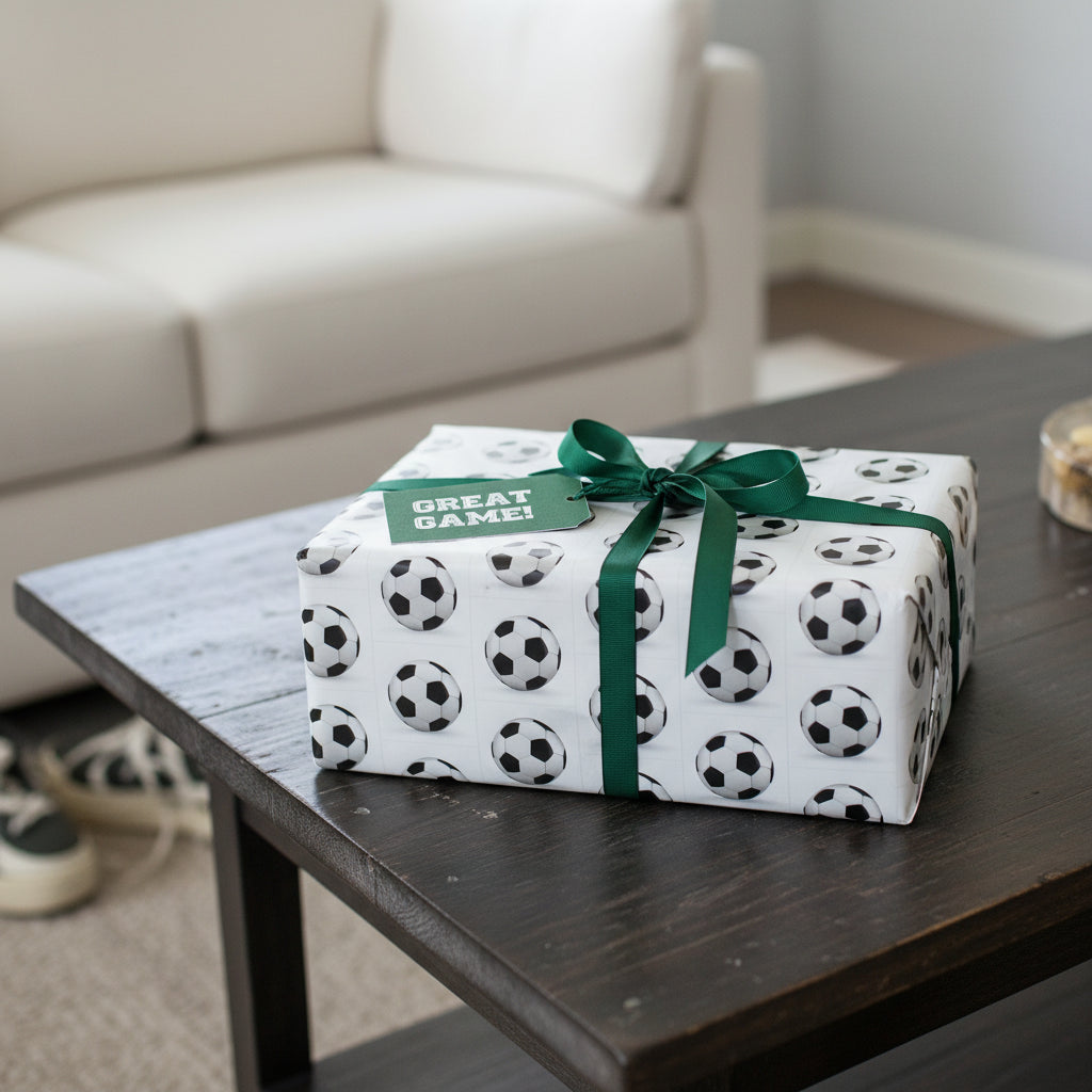 Soccer ball wrapping paper with green ribbon. "Great Game!" tag.