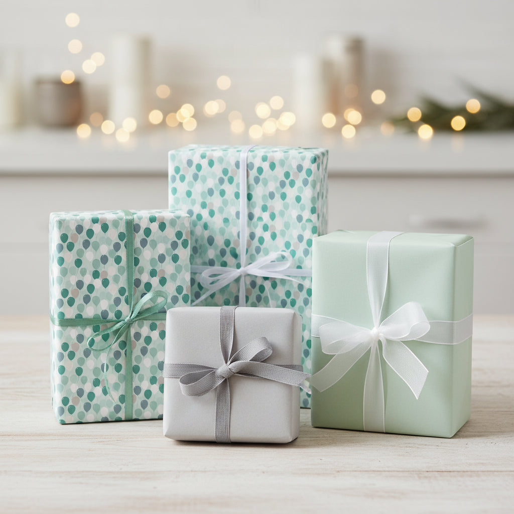 Assorted gifts wrapped in patterned and solid-color wrapping paper with ribbons, perfect for birthday or holiday gifts.