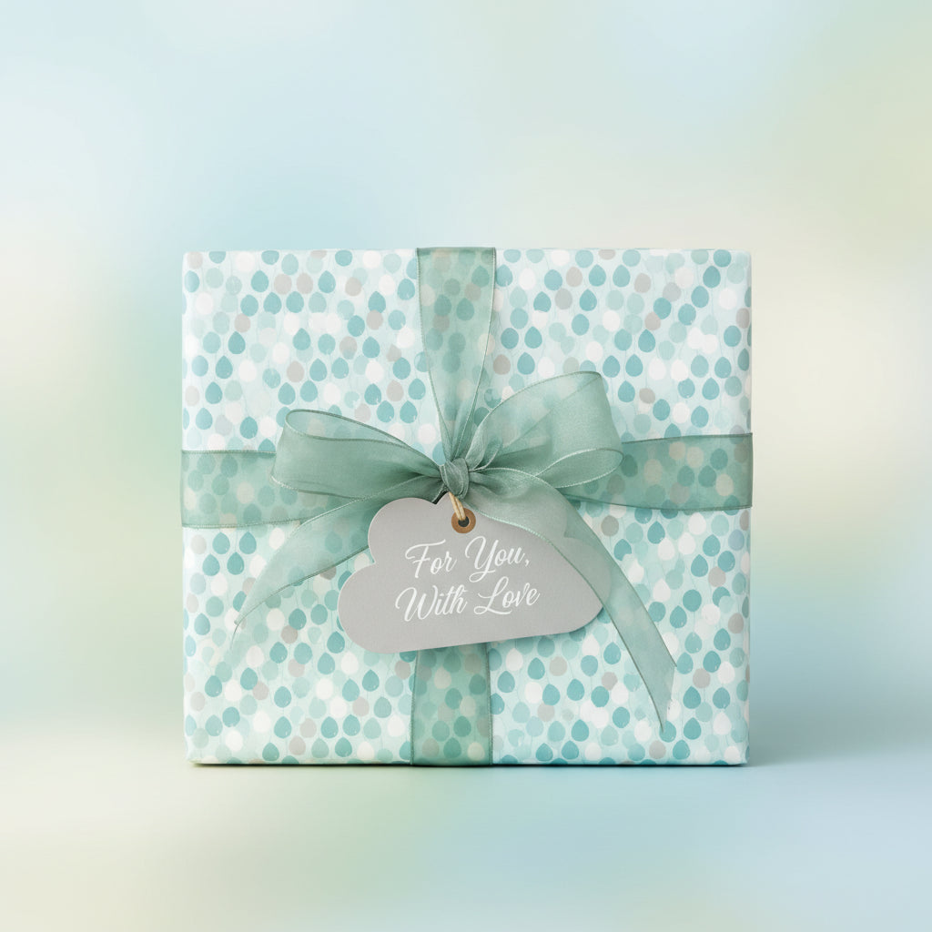 Square gift box wrapped in modern teal raindrop wrapping paper with a sheer ribbon and "For You, With Love" tag.