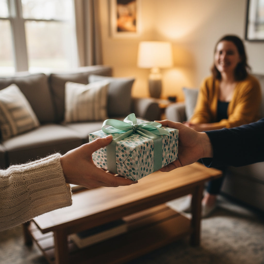 Hands exchanging a gift wrapped in modern polka dot wrapping paper with mint ribbon and bow.