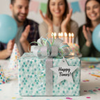 Teal birthday wrapping paper with silver ribbon and "Happy Times!" star tag at a party.