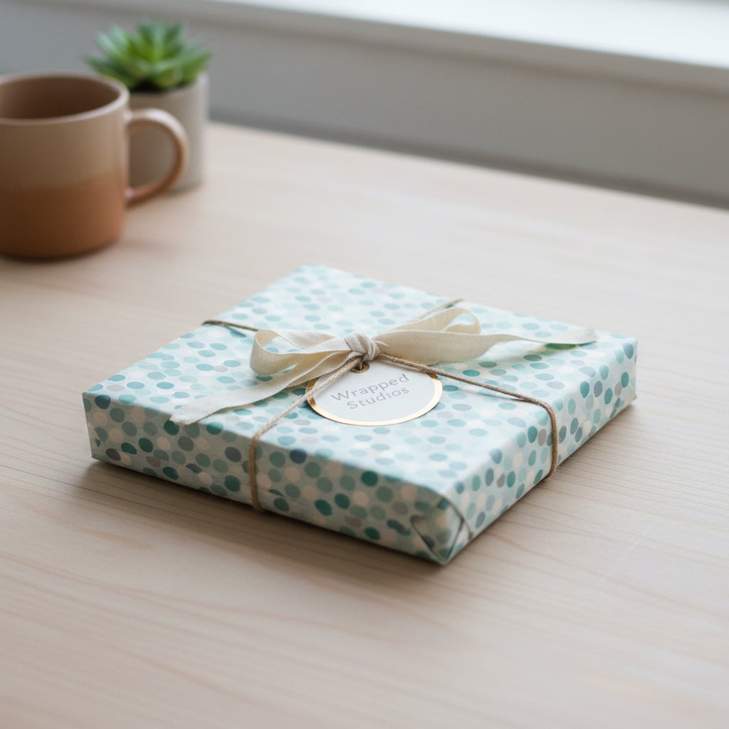 Square gift wrapped in modern blue polka dot wrapping paper with ribbon.
