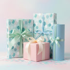Pastel birthday gifts wrapped in balloon print wrapping paper with satin ribbons.