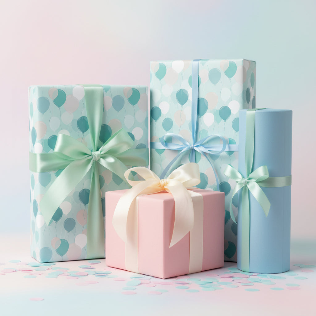 Pastel birthday gifts wrapped in balloon print wrapping paper with satin ribbons.