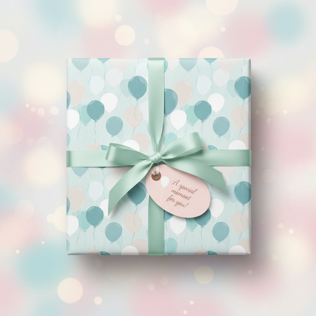 Pastel balloon print wrapping paper on a square gift box, tied with a light green satin bow and a tag.
