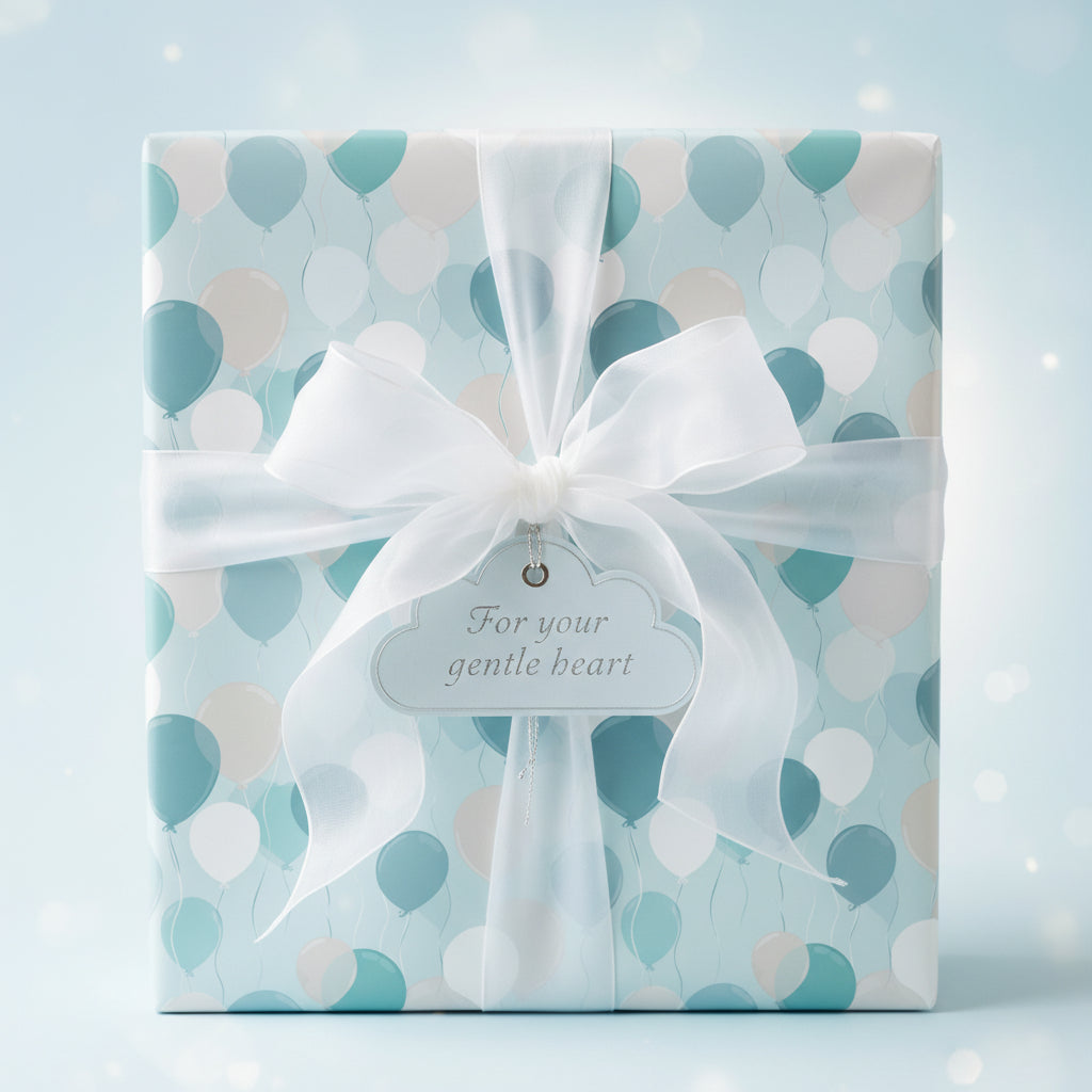 Baby shower wrapping paper with blue balloon pattern, tied with a sheer white ribbon and a cloud-shaped gift tag.