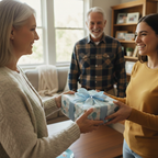 Family exchanging gift wrapped in modern polka dot paper with light blue ribbon indoors.