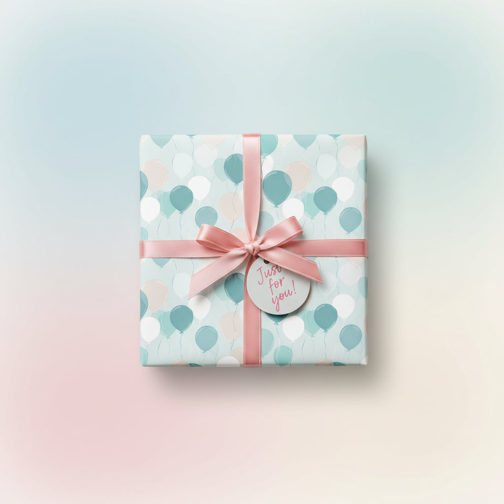 Gift box wrapped in cute balloon-patterned birthday wrapping paper with a peach-colored satin ribbon.