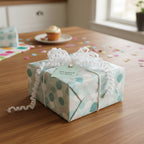Teal birthday wrapping paper with modern geometric pattern, topped with a white crochet ribbon bow.