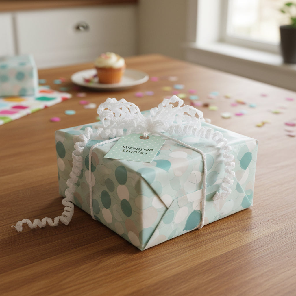 Teal birthday wrapping paper with modern geometric pattern, topped with a white crochet ribbon bow.