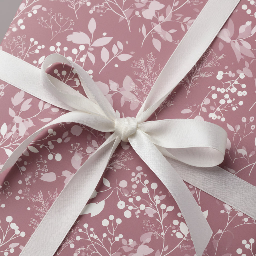 Mauve floral wrapping paper with white ribbon bow, elegant birthday gift wrap.