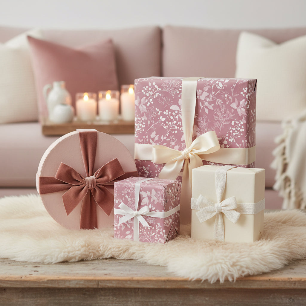 Elegant gifts wrapped in floral wrapping paper with satin ribbon; luxury birthday presents.
