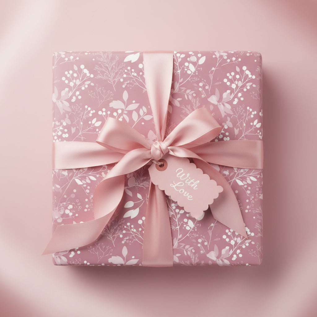 Elegant gift wrapped in pink floral wrapping paper with matching satin ribbon and "With Love" tag.