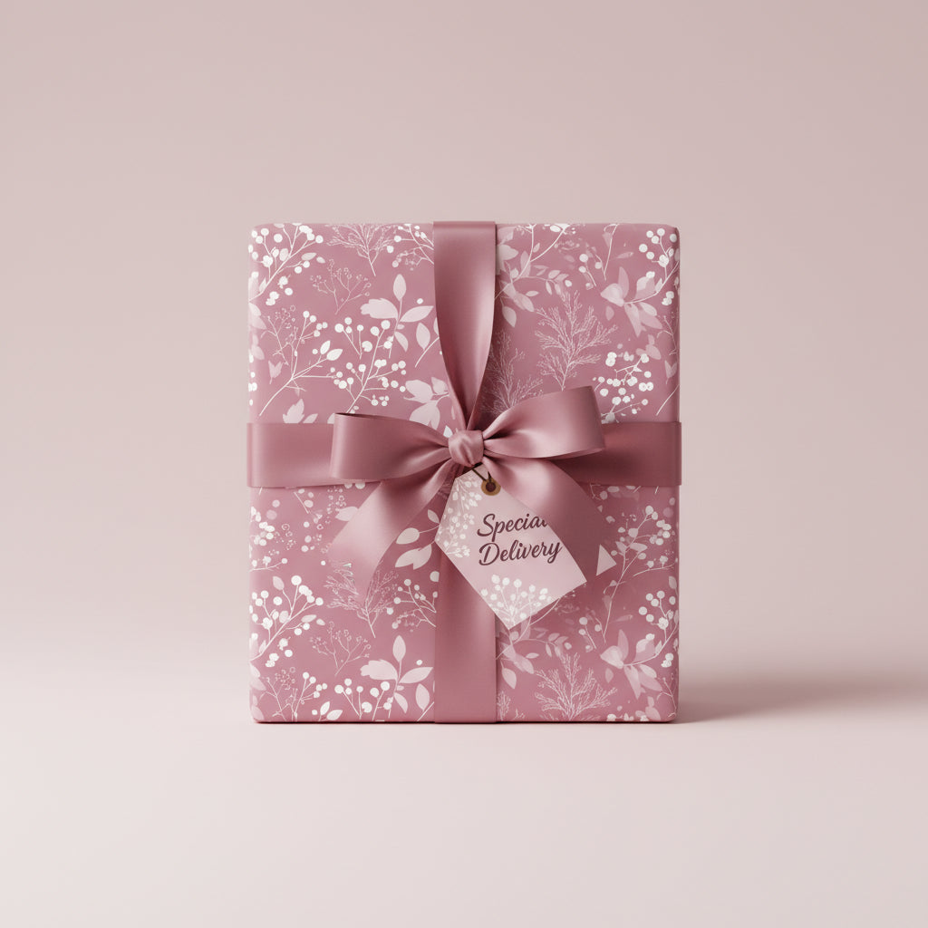 Elegant blush-pink gift wrapped in floral wrapping paper with matching satin ribbon and "Special Delivery" tag.