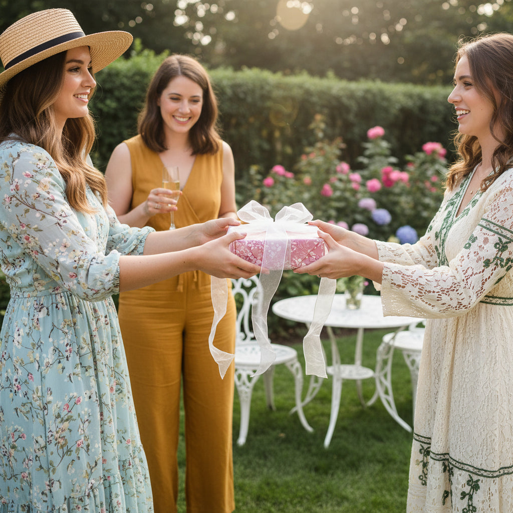 Woman exchanging a gift wrapped in floral wrapping paper with a sheer white bow at an outdoor celebration.